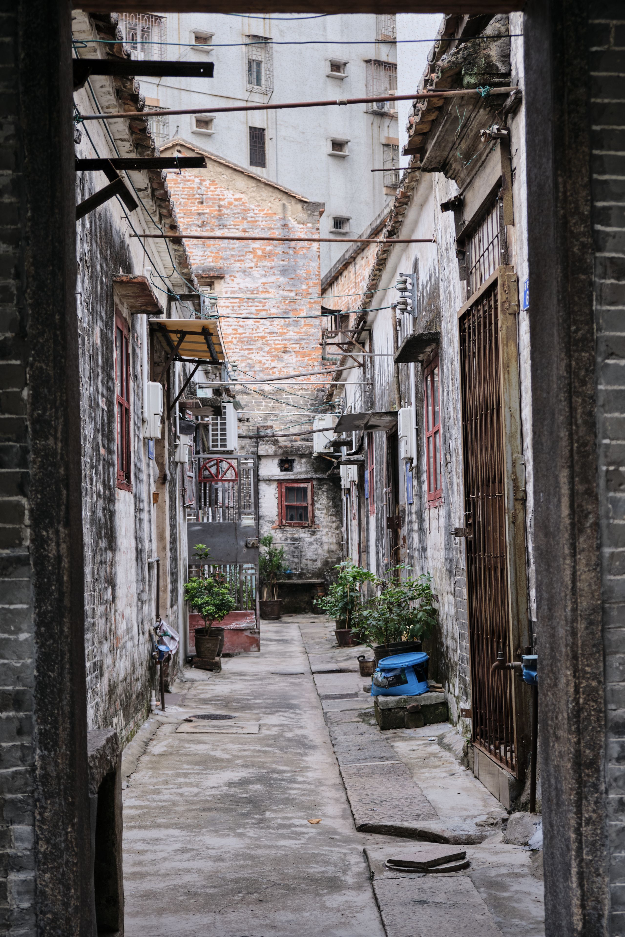 Narrow urban alleyway between aged buildings. Features worn brick, peeling paint, potted plants, exposed wiring, and metal doors. Distant modern building visible