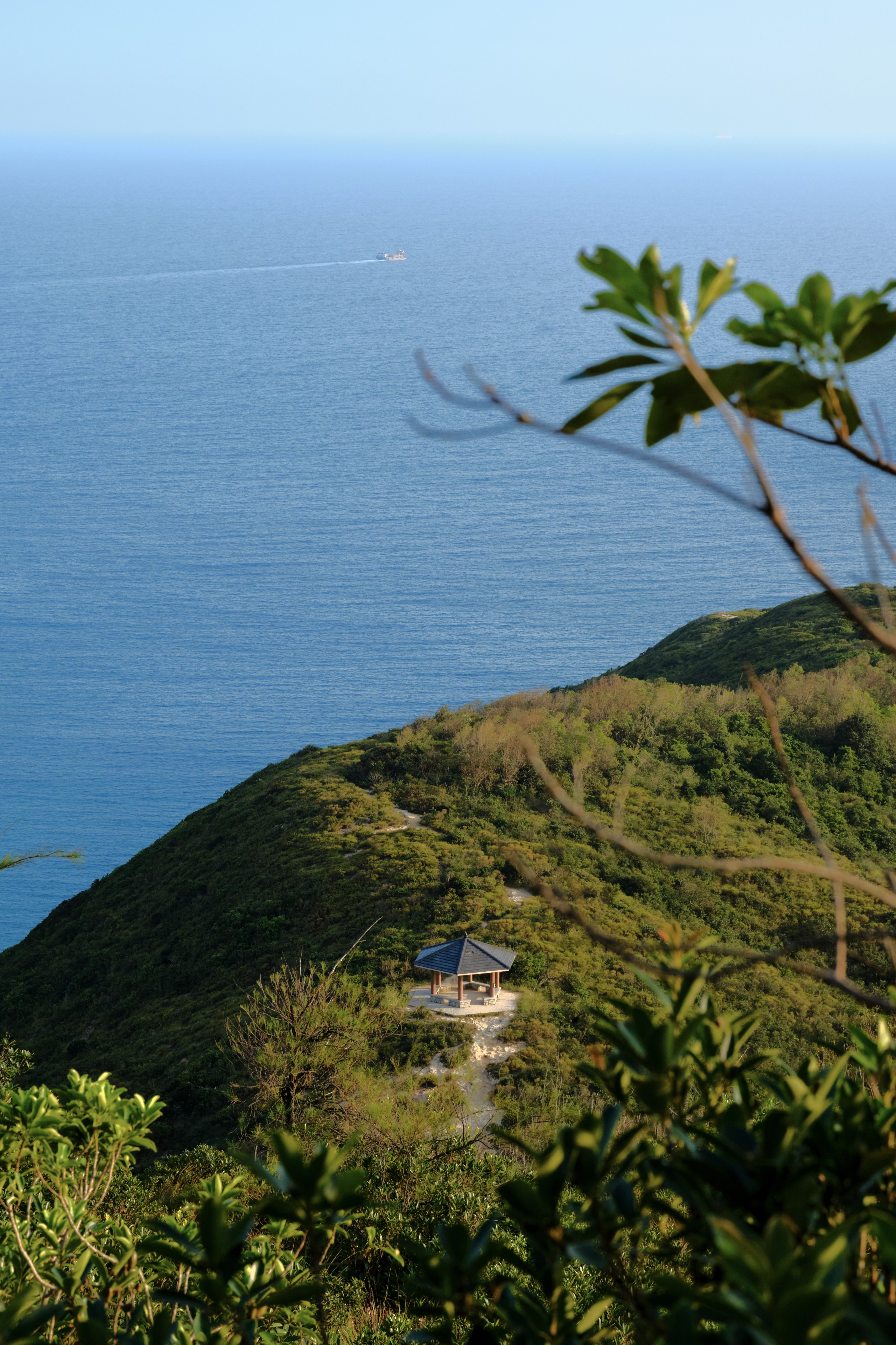 Small structure on green hill overlooking blue ocean, clear sky, foreground leaves