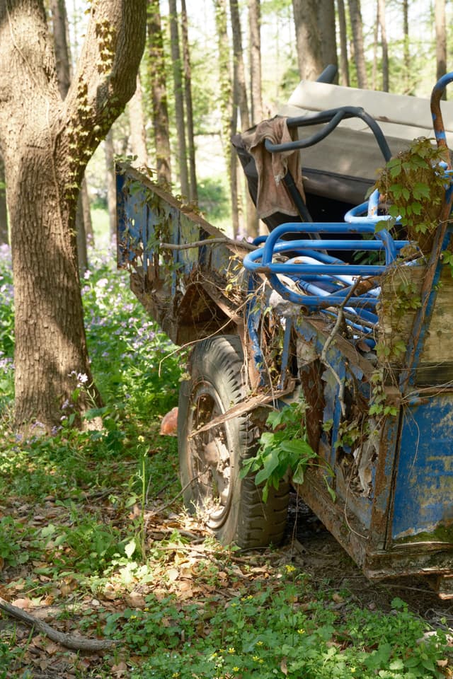 Dilapidated blue vehicle abandoned in a forest with green foliage and visible blue hoses