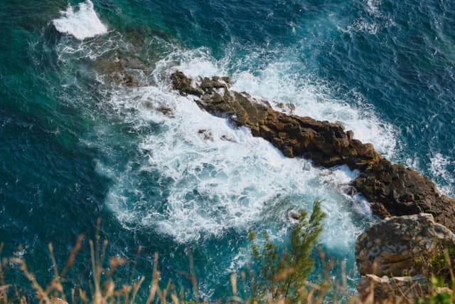 Aerial view of waves breaking against dark rock formations in deep blue and turquoise ocean water, with blurred foreground vegetation