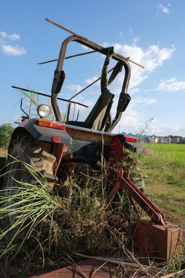 Rear view of a red and black tractor partially obscured by overgrown green grass in a field. A bright blue sky with sparse clouds is above, and distant buildings are visible on the horizon