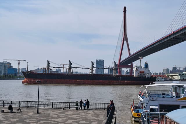 Large cargo ship sailing on a wide river beneath a red cable-stayed bridge, with a waterfront promenade and city skyline visible